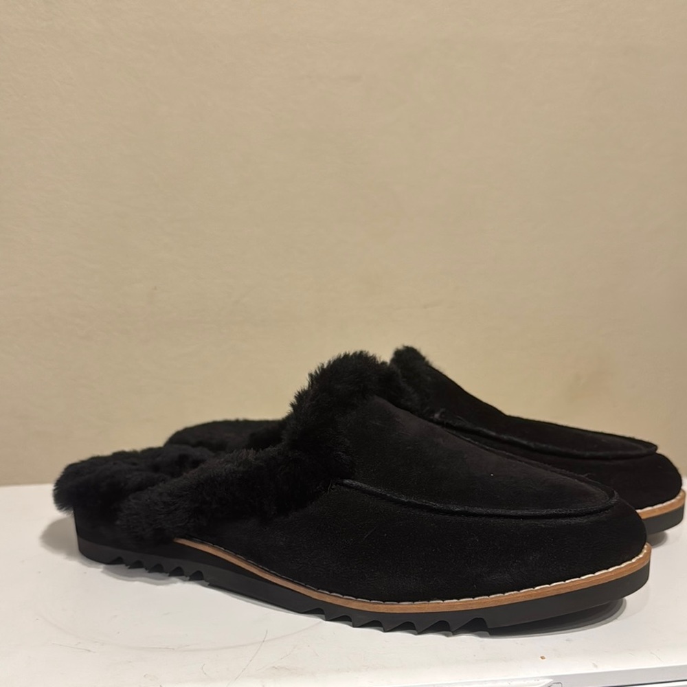 Eileen Fisher Black Suede Shearling-Lined Mule Clogs